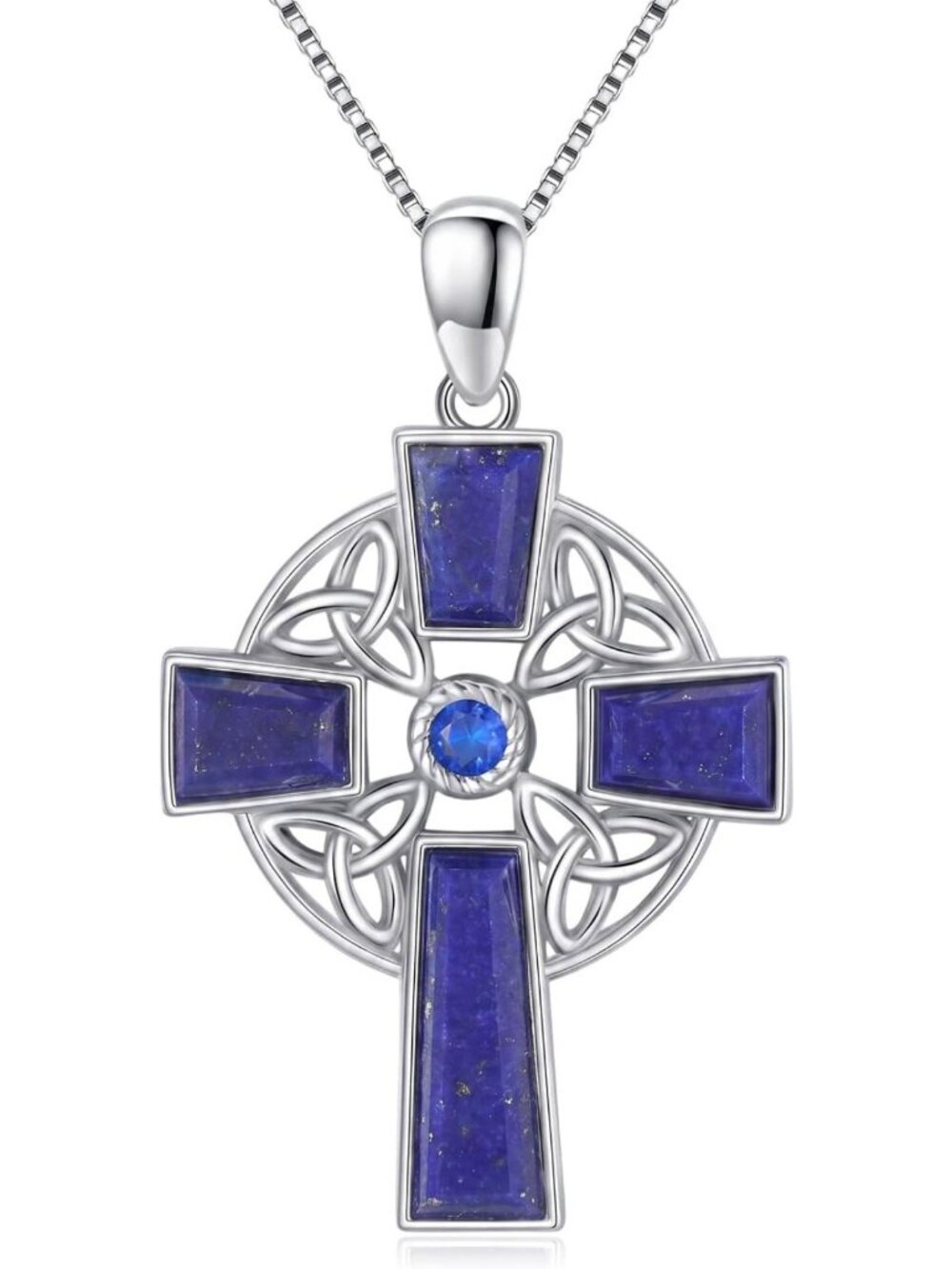 Celtic Cross Pendant Necklace in 925 Sterling Silver with Lapis Lazuli - Irish